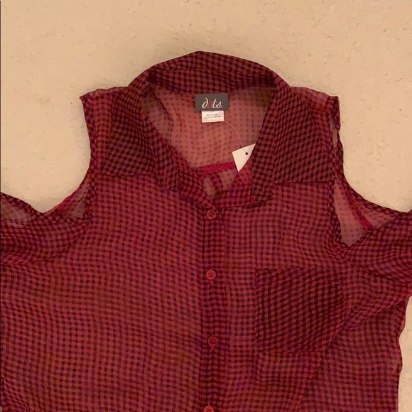 Cold Shoulder Buffalo Plaid Sheer Blouse - Picture 6 of 8